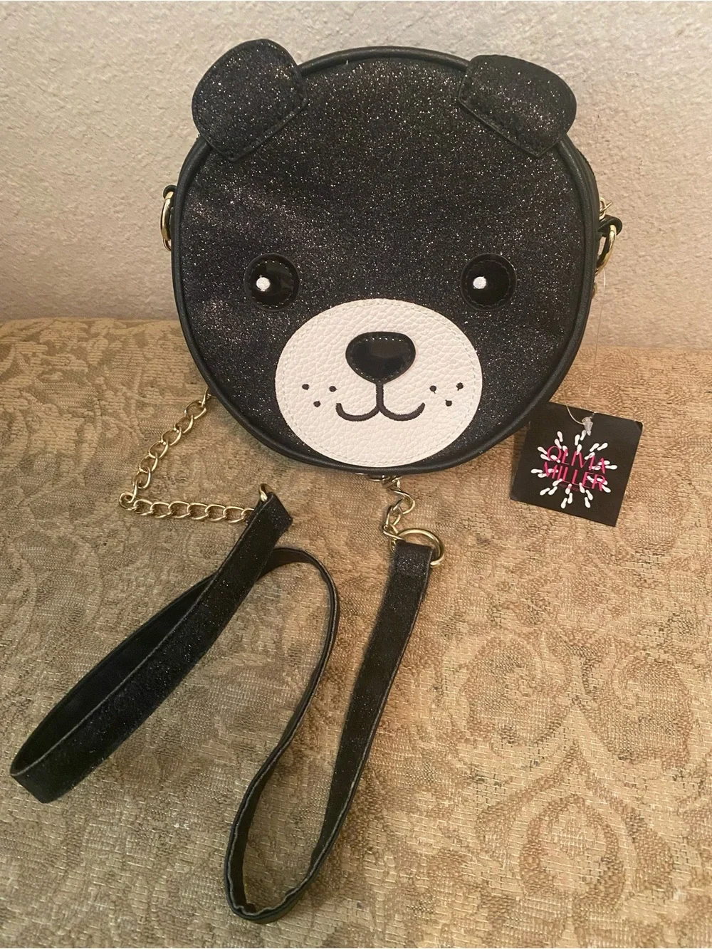 Olivia Miller Black Glitter Bear Crossbody Bag with White Snout NWT
